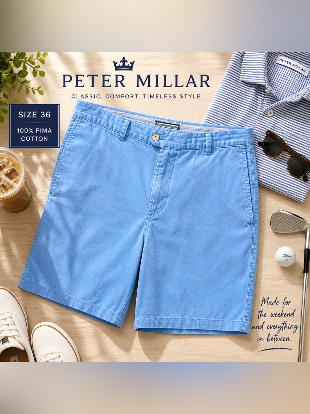 Peter Millar Men’s Blue Chino Golf Shorts Size 36 Pima Cotton Classic Fit